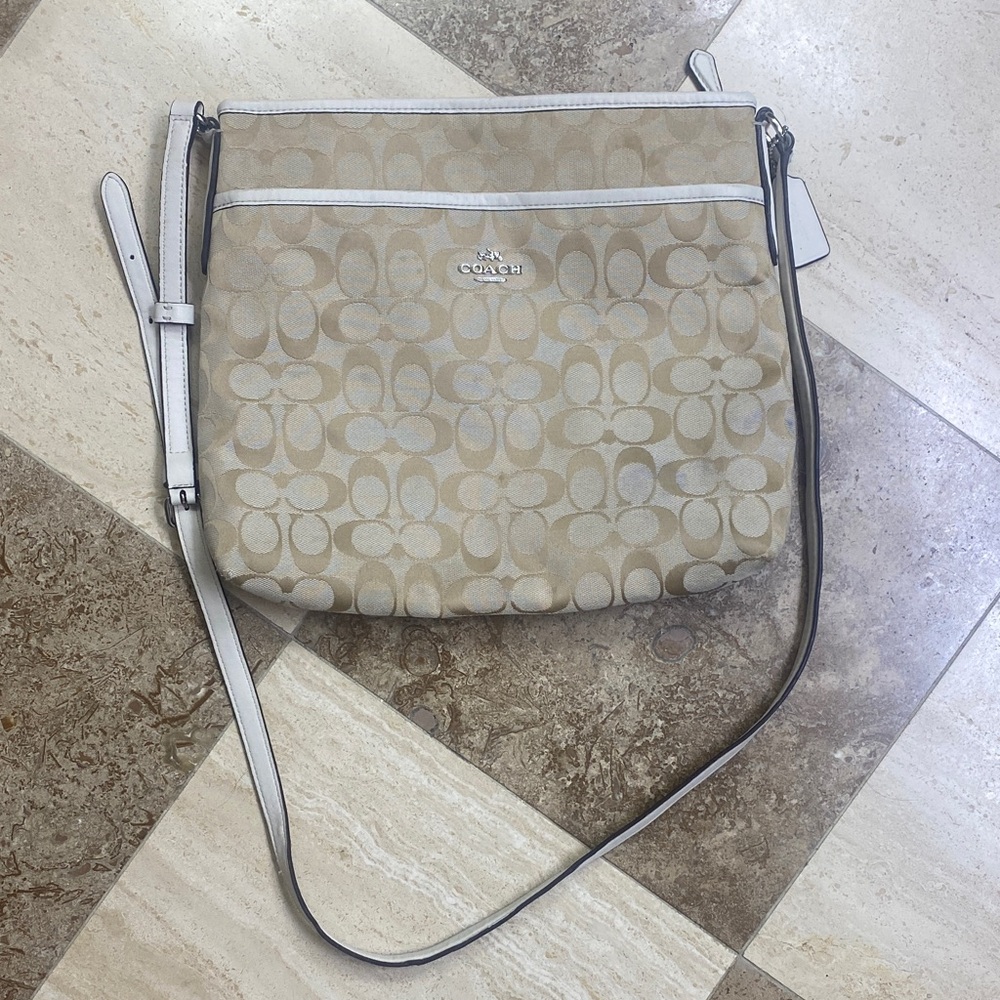 Coach Signature Beige and White Crossbody Bag